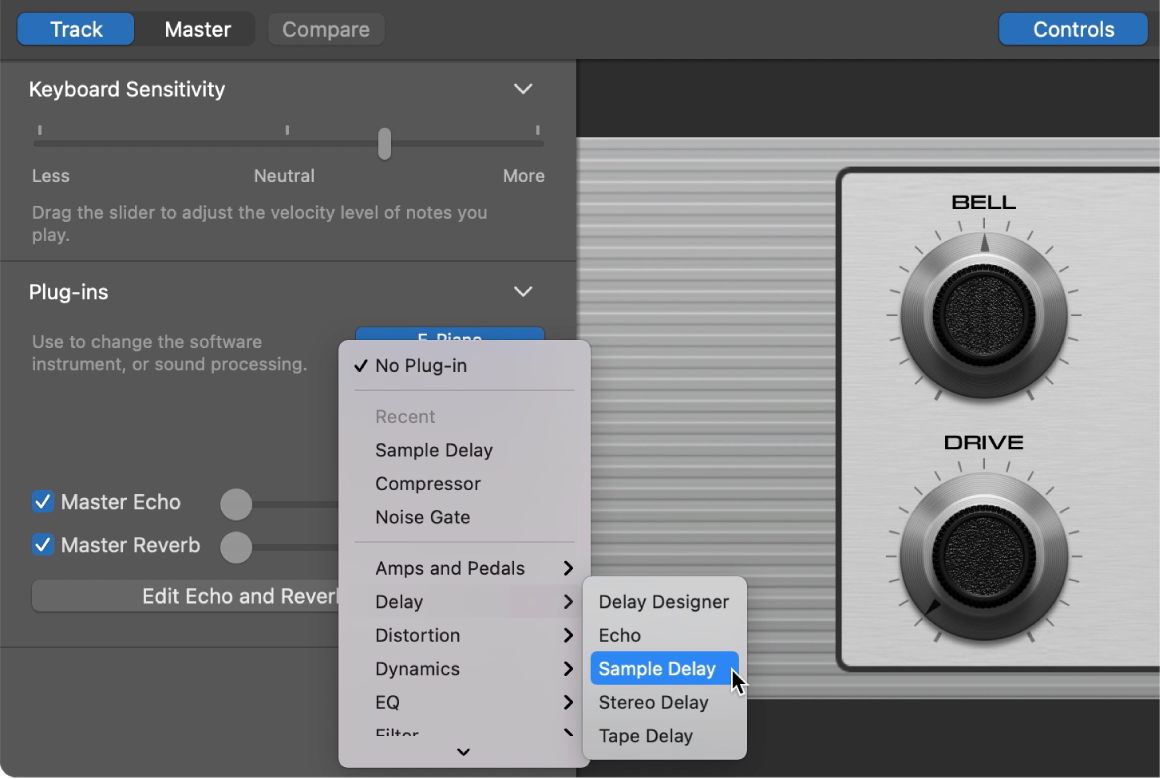 Memilih plug-in efek dari menu pintasan Plug-in.