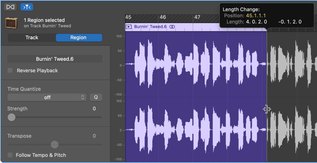 Taglio di una regione in “Editor audio”, con il puntatore Taglia e l’etichetta Aiuto.