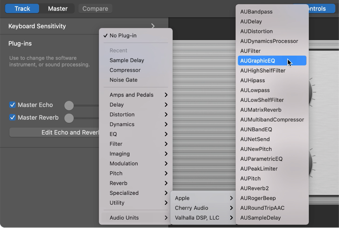 Selezione di un plugin Audio Units dal relativo menu a comparsa nell’area Plugin.