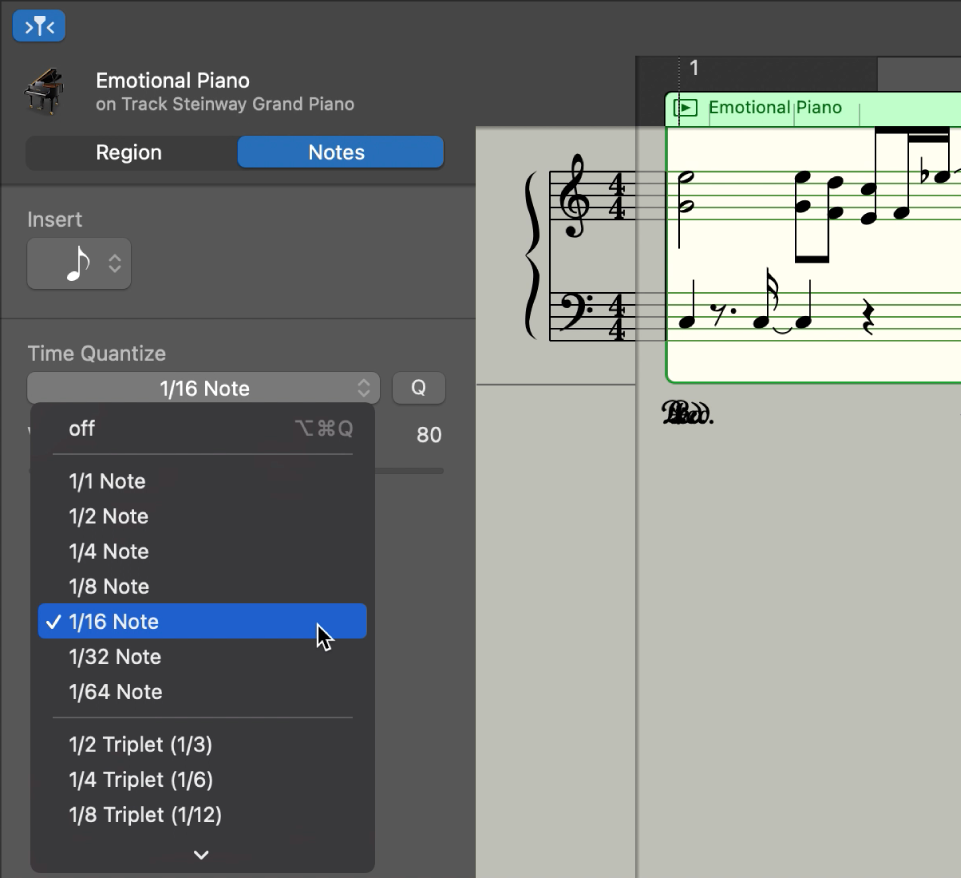 Scelta di un valore dal menu a comparsa “Quantizza tempo” in “Editor Partitura”.