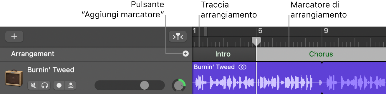 Traccia arrangiamento con pulsante “Aggiungi marcatore” e regione Arrangiamento.