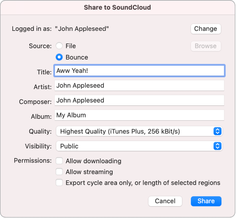 「SoundCloudに送信」ダイアログ。