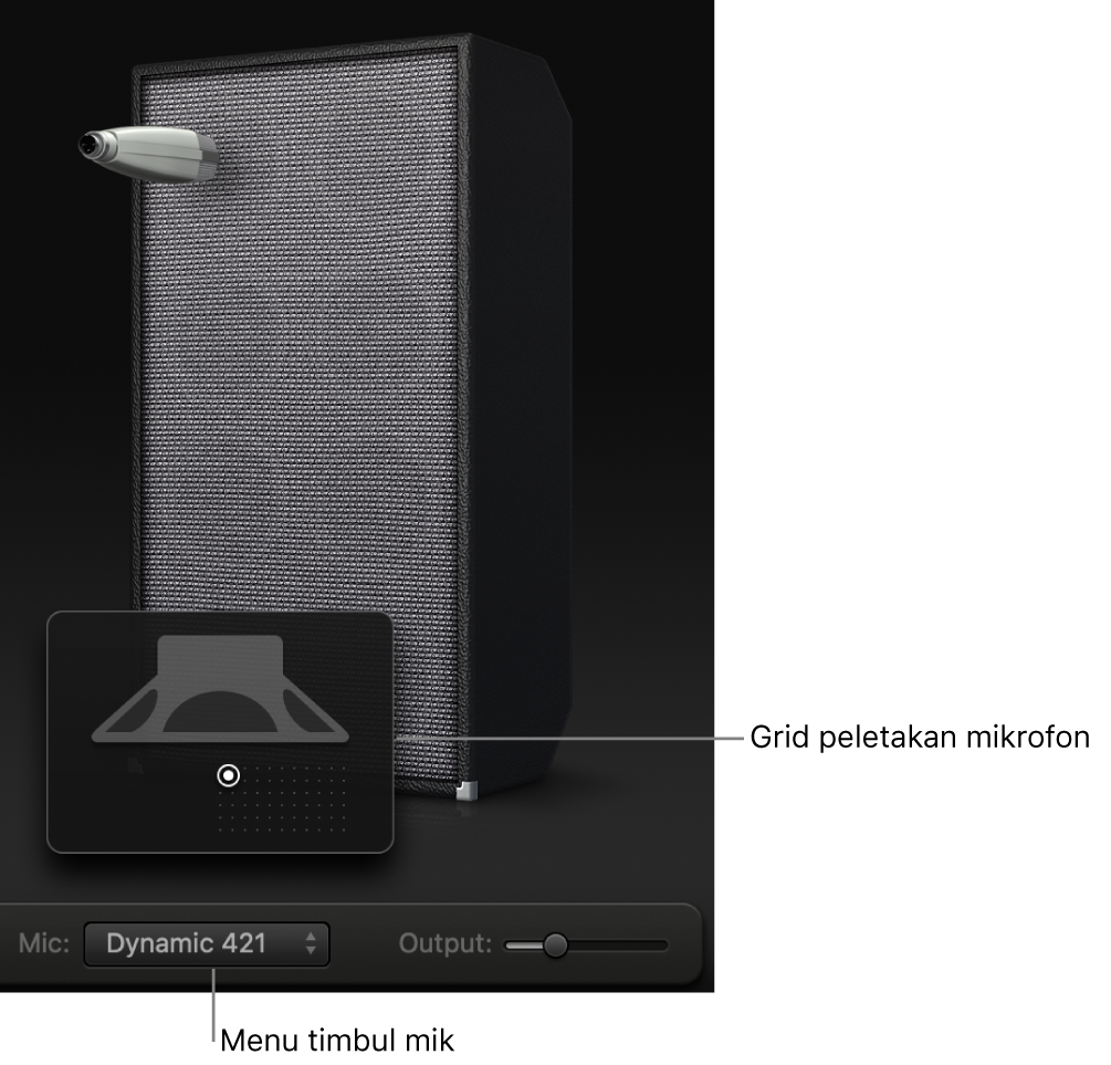 Kawasan kabinet Pereka Amp Bes yang menunjukkan menu Mik dan grid peletakan Mikrofon.