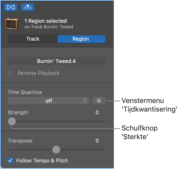 Infovenster van de audio-editor, met het venstermenu 'Tijdkwantisering' en de schuifknop 'Sterkte'.