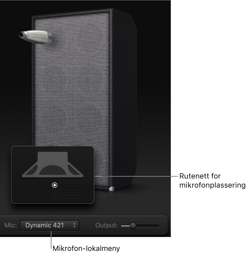 Bass Amp Designer-kabinettområde som viser Mic-menyen og rutenettet for mikrofonplassering.