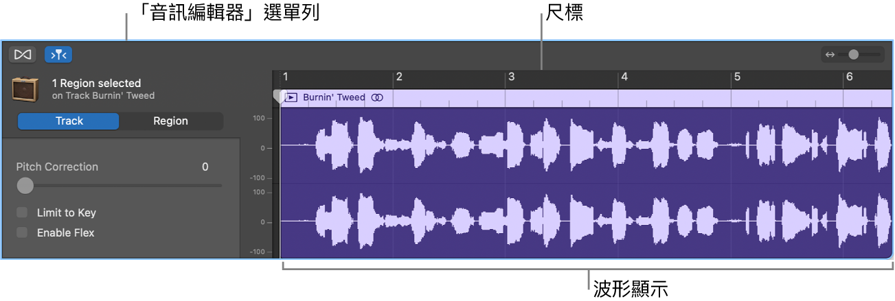 已選取區段的「音訊編輯器」。