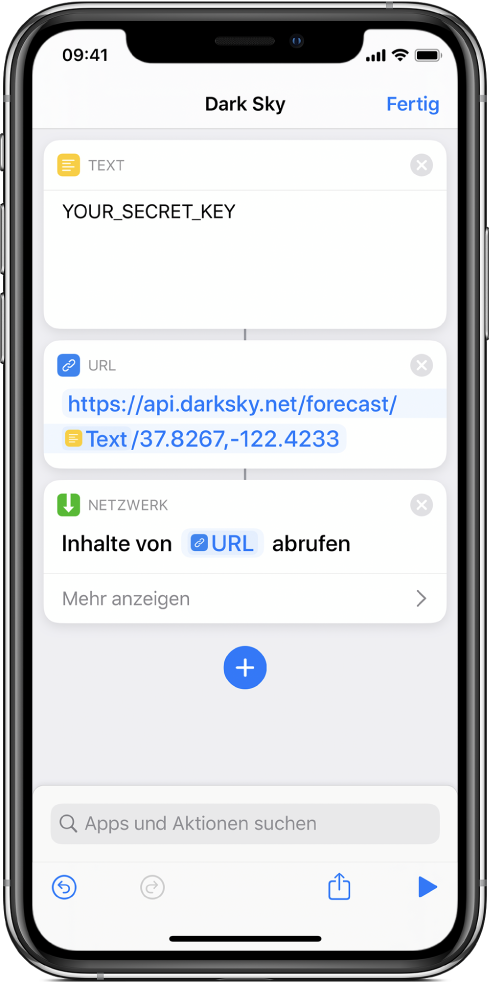 Eine Anforderung an die API von Dark Sky mit der Aktion „Text“, bestehend aus (in dieser Reihenfolge) dem geheimen Schlüssel für die API, der Aktion „URL“ mit dem Verweis auf den Endpunkt der API unter Verwendung der Variablen „Secret Key“ und der Aktion „Inhalte von URL abrufen“.