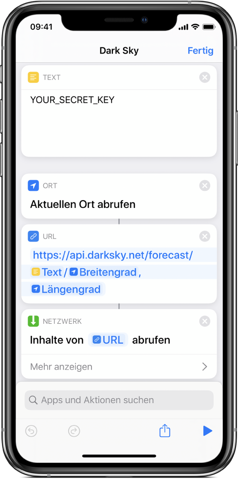 Ein Kurzbefehl für die Anforderung an die API von Dark Sky mit der Aktion „Aktuellen Ort abrufen“ zwischen der Aktion „Text“ und der Aktion „URL“.