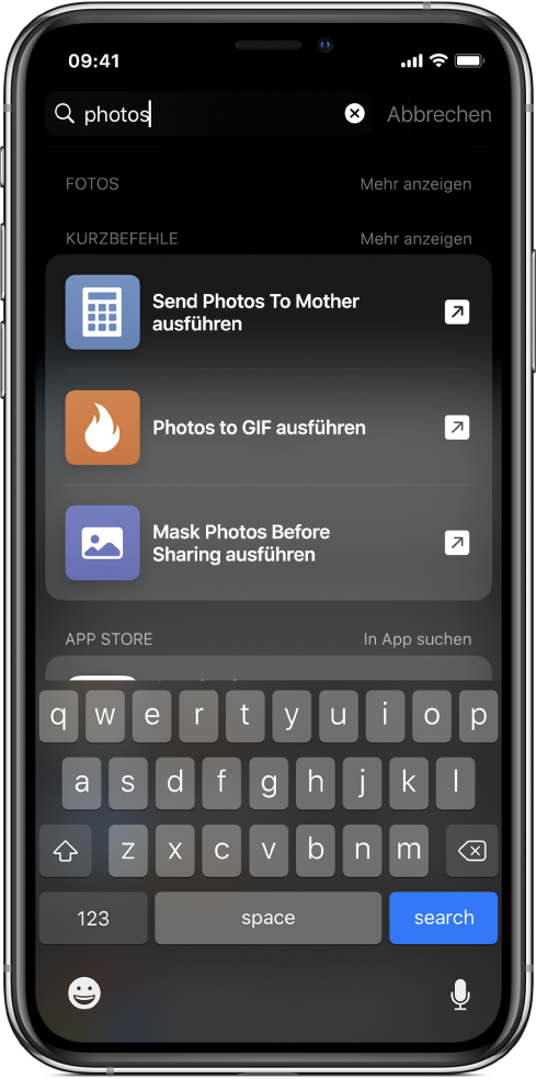 Suche nach Kurzbefehlen mithilfe des Suchbegriffs „Fotos“ und die Liste der Ergebnisse: Kurzbefehle +++„Run Send Photos To Mother“, „Run Photos to GIF“ und „Run Mask Photos Before Sharing“.