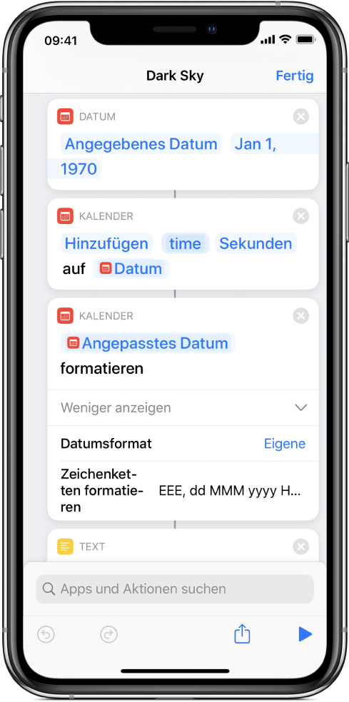 Kurzbefehleditor mit der Aktion „Datum formatieren“ und einer angepassten Formatzeichenfolge.