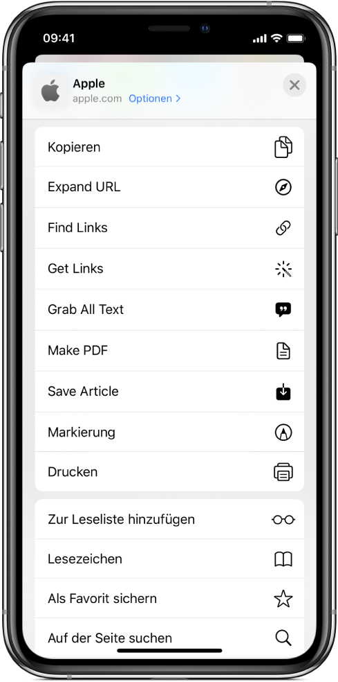 Kurzbefehle im Share-Sheet der App „Safari“.