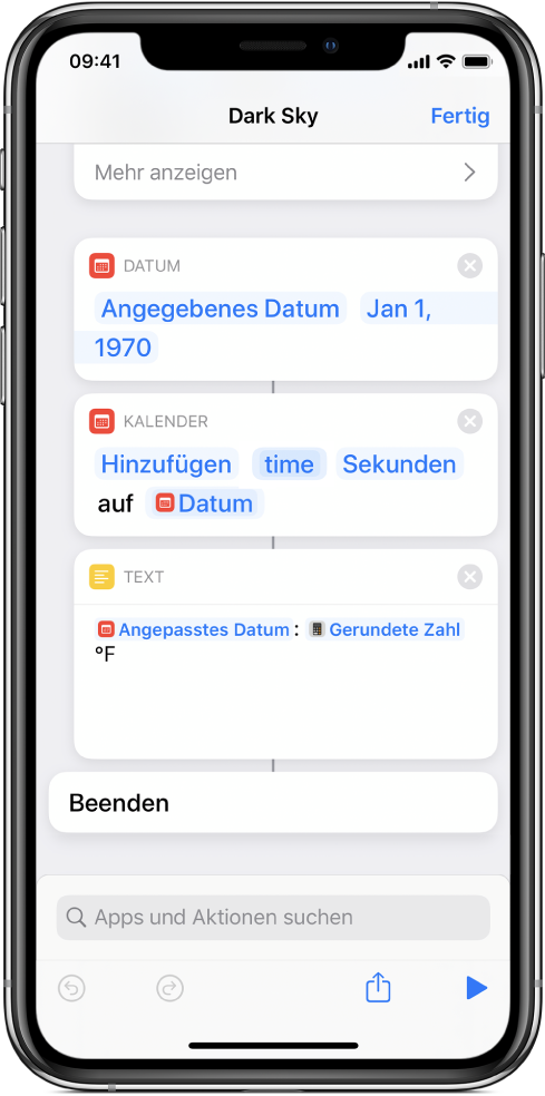 Kurzbefehleditor mit den Aktionen „Datum“, „Datum anpassen“ und „Text“ mit den angewendeten Variablen.