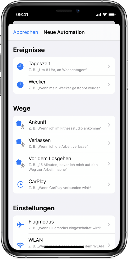 Trigger für persönliche Automationen in der App „Kurzbefehle“.