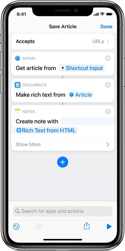 Actions shown in the shortcut editor.