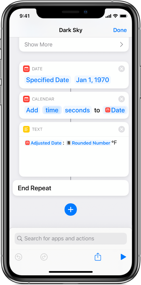 Date action, Adjust Date action and Text action in the shortcut editor, with Variables applied.