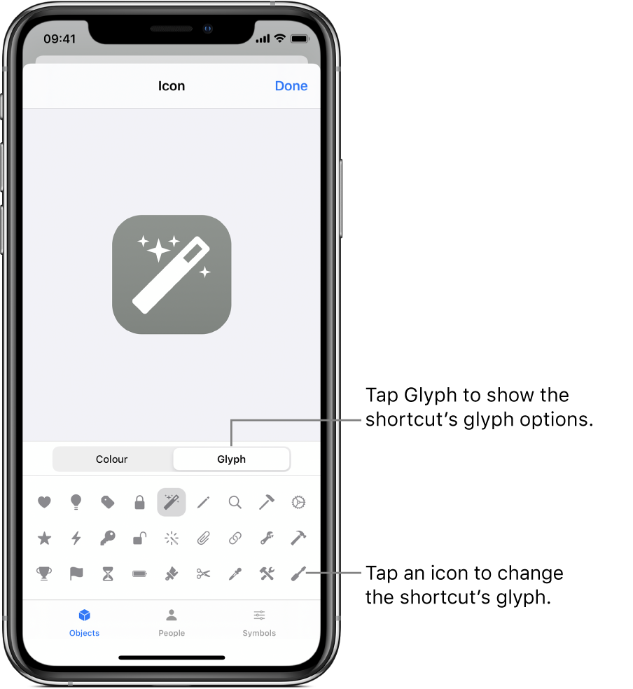 Icon screen showing shortcut glyph options.