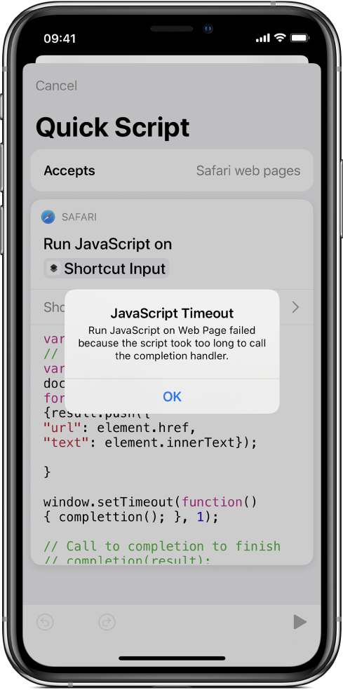 The shortcut editor showing a JavaScript Timeout error message.