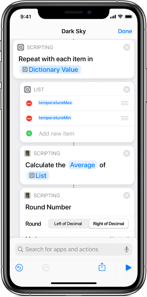 Calculate Statistics action and Round Number action in the shortcut editor.