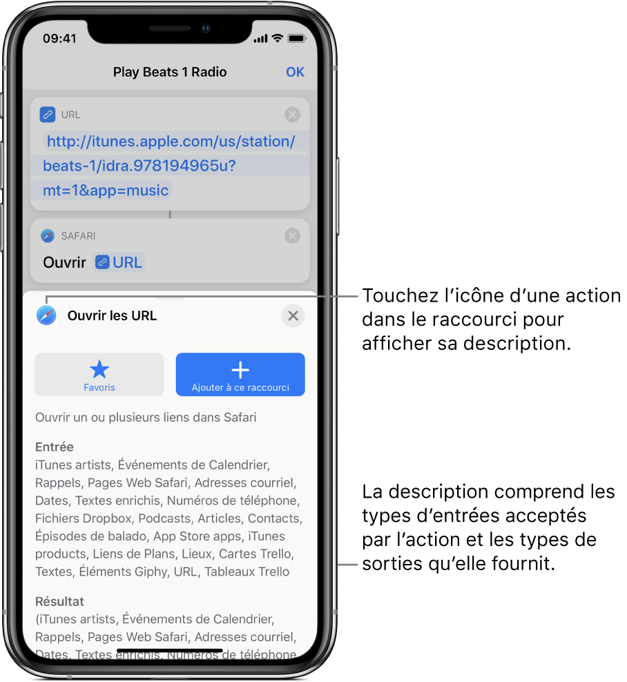 Éditeur de raccourcis affichant une description de l’action Ouvrir les URL.