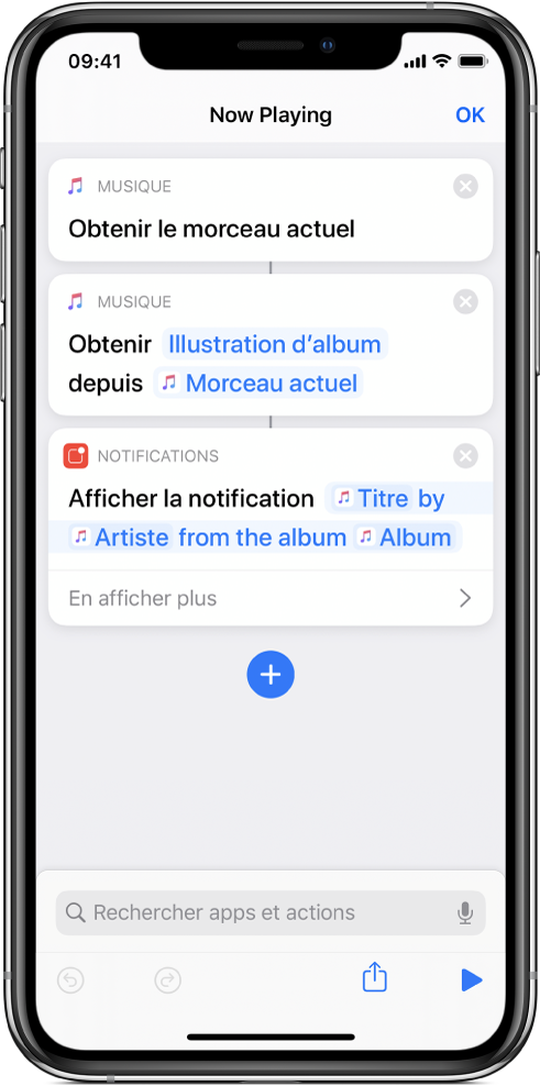 Action « Afficher la notification » dans l’éditeur de raccourci et alerte Musique « À l’écoute » appelée par l’action « Afficher la notification ».