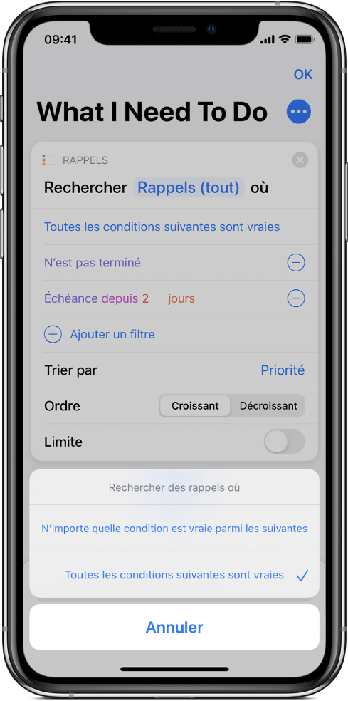 Action Rechercher des rappels où montrant les options « Toutes les conditions suivantes sont vraies ».