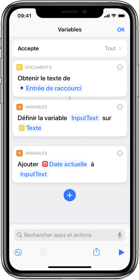 Actions Définir la variable et Ajouter à la variable dans l’éditeur de raccourci.