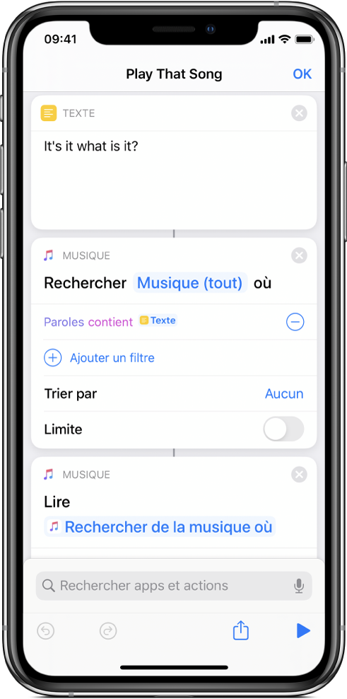 Raccourci avec une action « Lire la musique ».