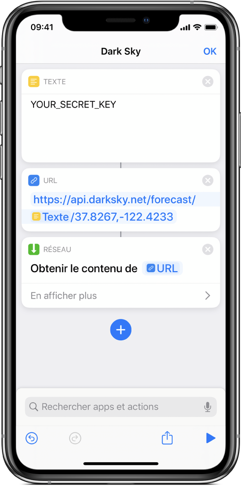 Une requête API Dark Sky qui contient une action Texte avec une clé API secrète, suivie d’une action URL pointant vers le point de terminaison de l’API, à l’aide d’une variable Clé secrète, suivie d’une action Obtenir le contenu de l’URL.