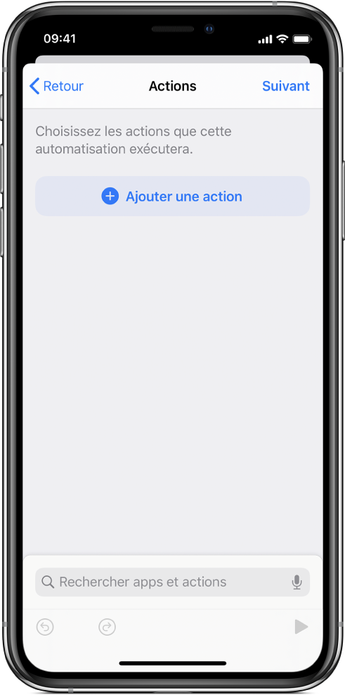 Une automatisation vide dans l’éditeur d’automatisation de l’app Raccourcis.