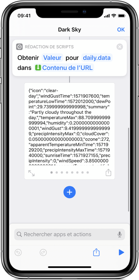 Action Obtenir la valeur du dictionnaire dans l’éditeur de raccourci avec la clé définie sur « data ».