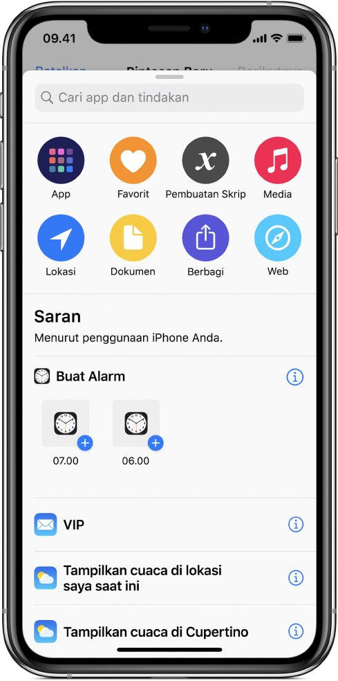 Tindakan yang disarankan oleh Siri.