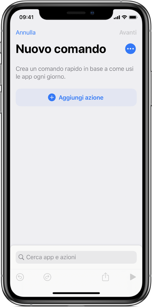 Editor di comandi rapidi vuoto su iPhone.