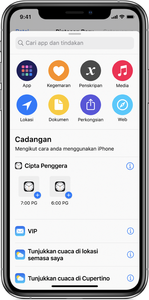 Tindakan yang dicadangkan oleh Siri.