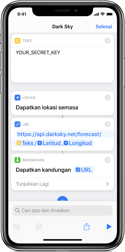 Tindakan Dapatkan Lokasi Semasa ditambah antara tindakan Teks dan tindakan URL dalam pintasan permintaan API Dark Sky.