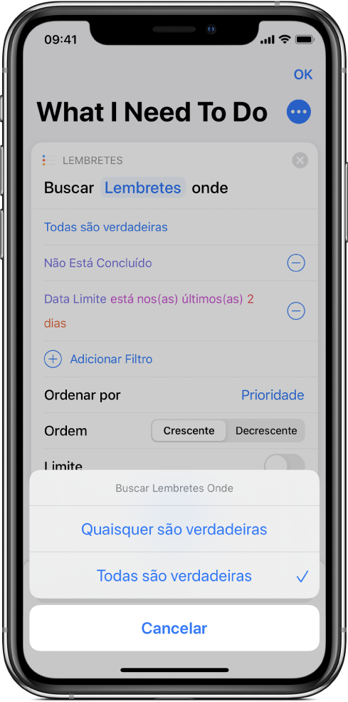 A ação Buscar Lembretes Onde mostrando a opção “Todas as seguintes são verdadeiras”.
