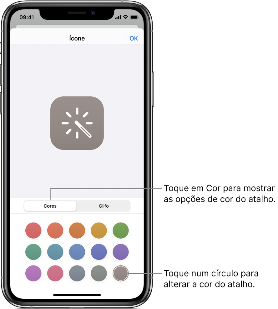 Ecrã Ícone a mostrar as opções de cor do atalho.