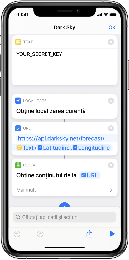 O acțiune "Obțineți localizarea curentă" adăugată între acțiunea Text și acțiunea URL în scurtătura de solicitare adresată API‑ului Dark Sky.