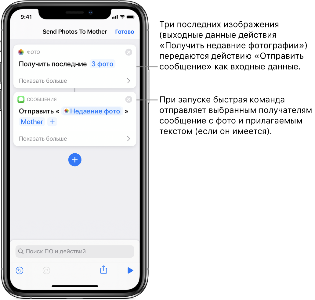Быстрая команда с действиями «Получить недавние фотографии» и «Отправить сообщение».
