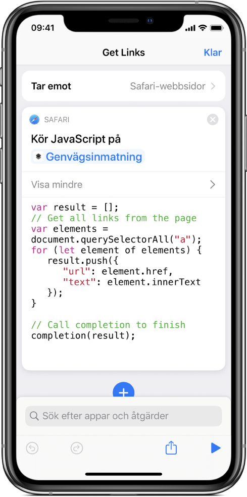 Åtgärden Kör JavaScript på webbsida i genvägsredigeraren.