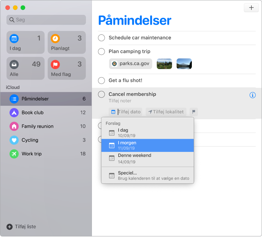 Et vindue i Påmindelser med redigeringsknapperne, der vises for en påmindelse. Markøren står på Tilføj dato, og der oprettes en menu med forslag til I dag, I morgen, Denne weekend og Speciel.