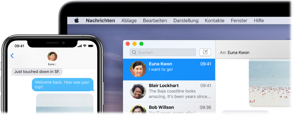 Die auf einem Mac geöffnete App „Nachrichten“ mit derselben Konversation in der App „Nachrichten“ auf einem iPhone