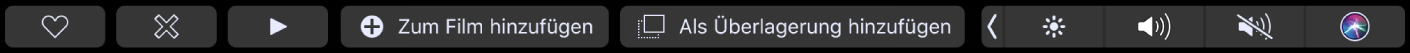 Die iMovie-Touch Bar mit Tasten zum Markieren als Favorit, zum Löschen, Wiedergeben, zum Hinzufügen zum Film sowie zum Hinzufügen als Überlagerung.