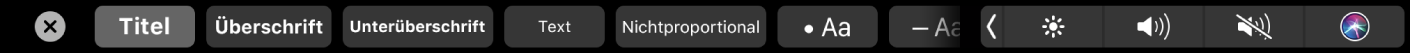 Die Notizen-Touch Bar umfasst Tasten für Absatzstile, einschließlich Titel, Überschrift und Text sowie Tasten für Aufzählungsoptionen wie Punkte, Striche und Nummern.