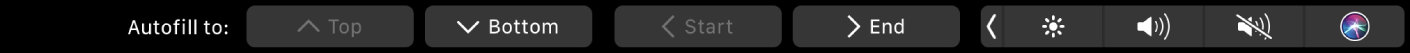 The Numbers Touch Bar with Autofill buttons displayed. These include top, bottom, start, and end.