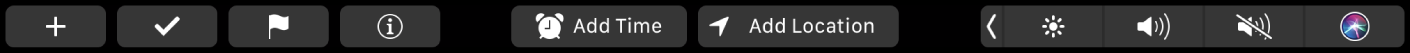 Reminders Touch Bar with buttons for new reminder, check, flag, info, Add Time, and Add Location.