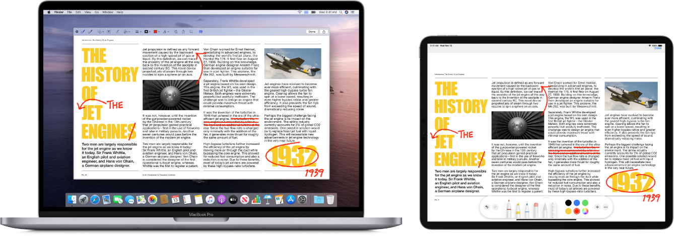 A MacBook Pro and an iPad sit side by side. Both screens display an article covered in scribbled red edits, such as crossed out sentences, arrows, and added words. The iPad also has mark up controls at the bottom of the screen.
