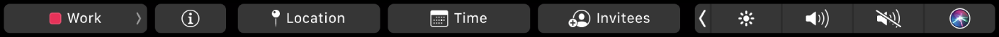 The Calendar Touch Bar with buttons for choosing calendars, viewing event details, editing location, editing time, and adding invitees.