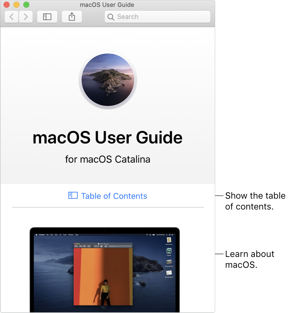 The macOS User Guide welcome page showing the Table of Contents link.