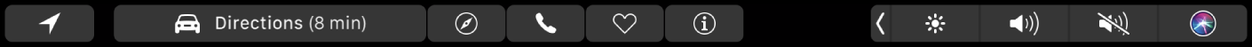 The Maps Touch Bar, showing how you can tap directions to get a route, or tap the Safari, call, favorite, and info buttons.