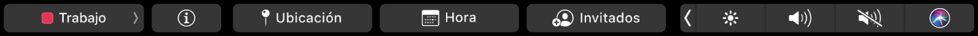 Touch Bar de Calendario con los botones para seleccionar calendarios, ver los detalles de los eventos, editar la ubicación o la hora, y agregar invitados.